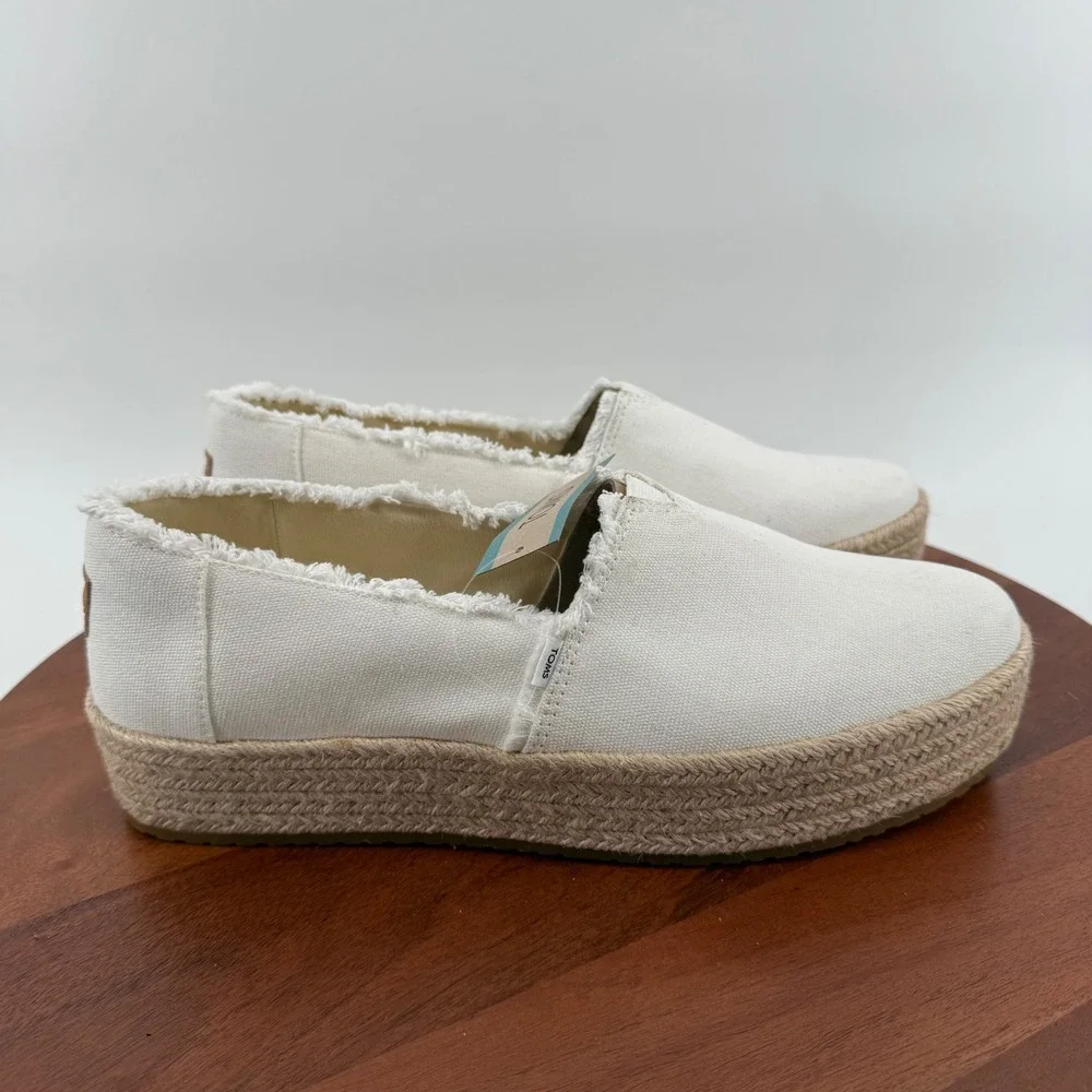 TOMS Valencia Platform Espadrille White Canvas Frayed Slip On Women Size 12